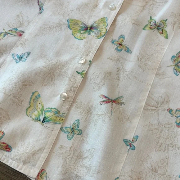 Talbots 100% Linen Button Down Blouse Size 10 Butterfly Print - Picture 9 of 13